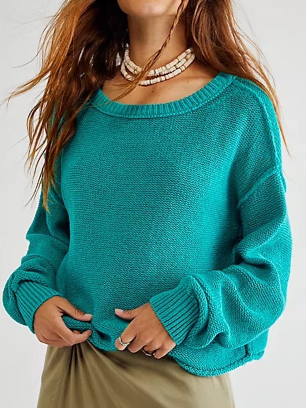 Free People Inside Out Pullover Teal Turquoise Cotton Slouchy Cropped Sweater XL